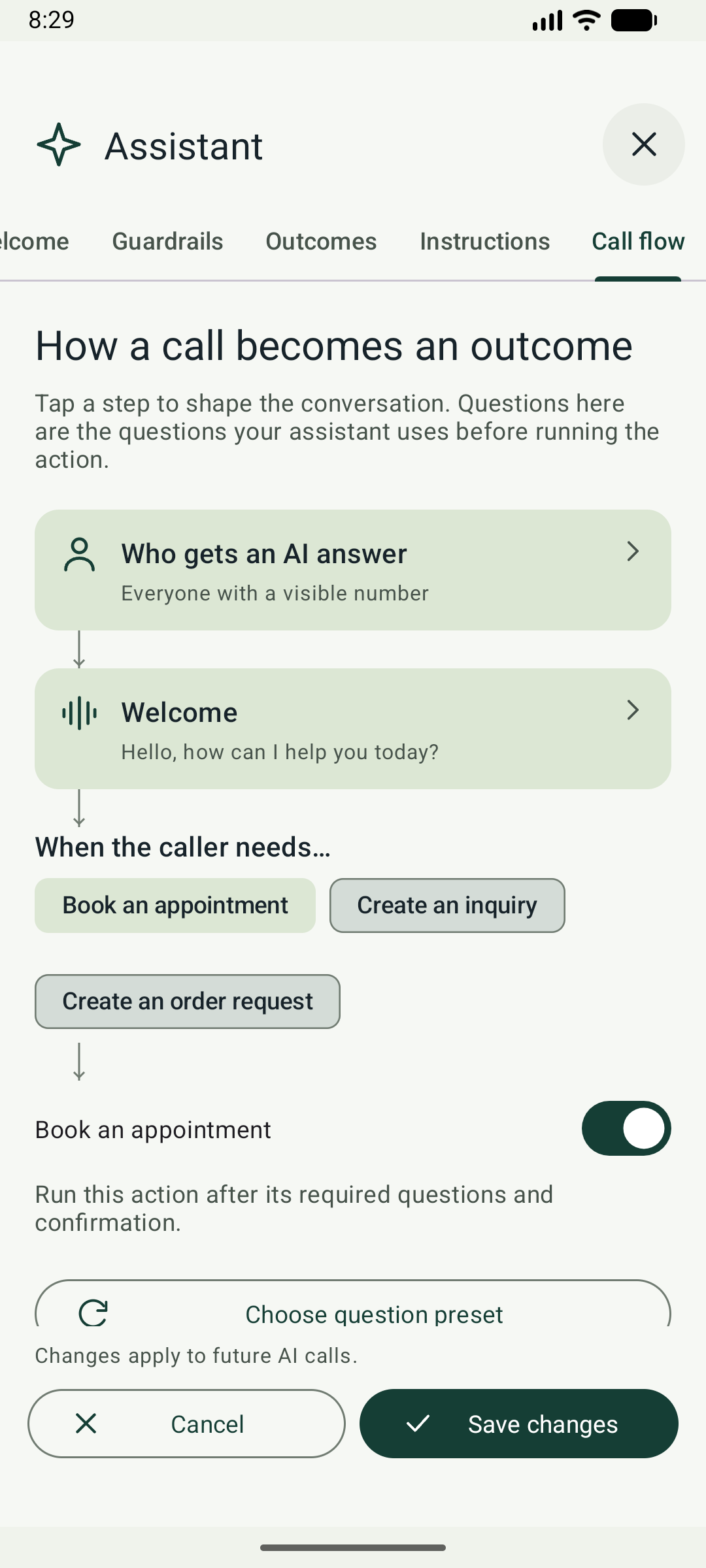 Actual VXD Android Assistant showing the editable call flow, business actions and Save changes