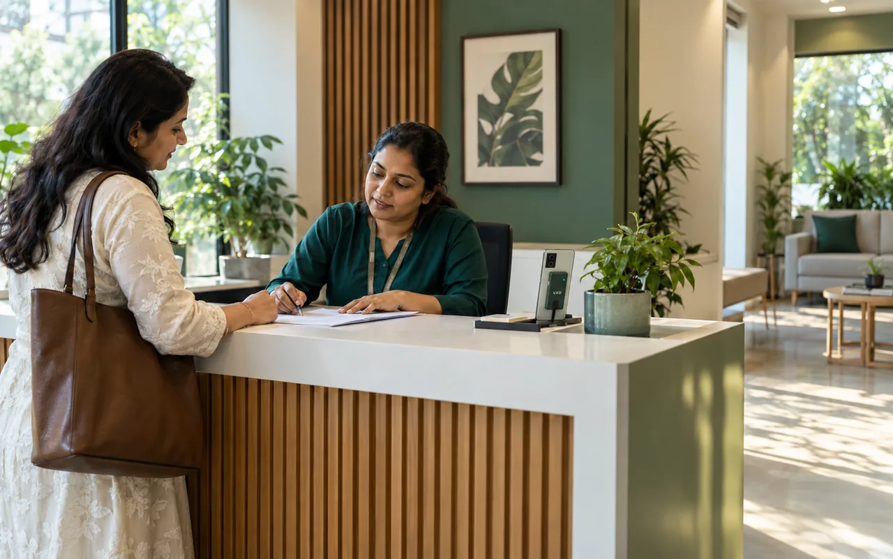 Illustrative Indian clinic receptionist welcoming a visitor at a bright reception desk